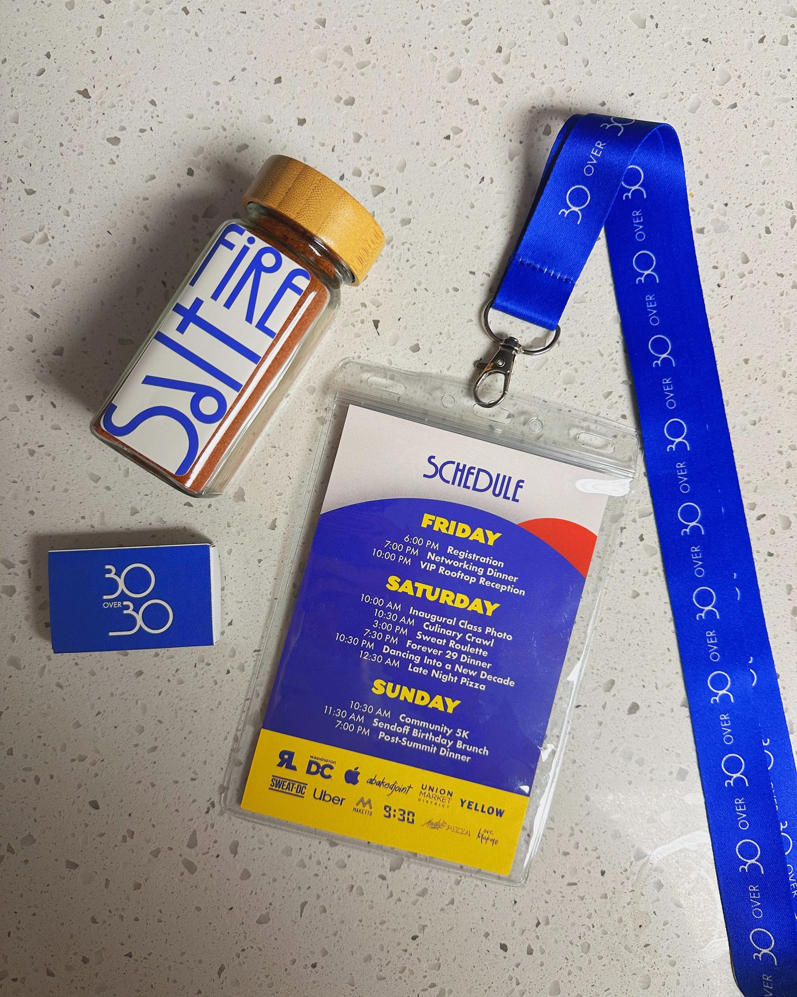 30 Over 30 merch: spice jar, matchbook, and lanyard