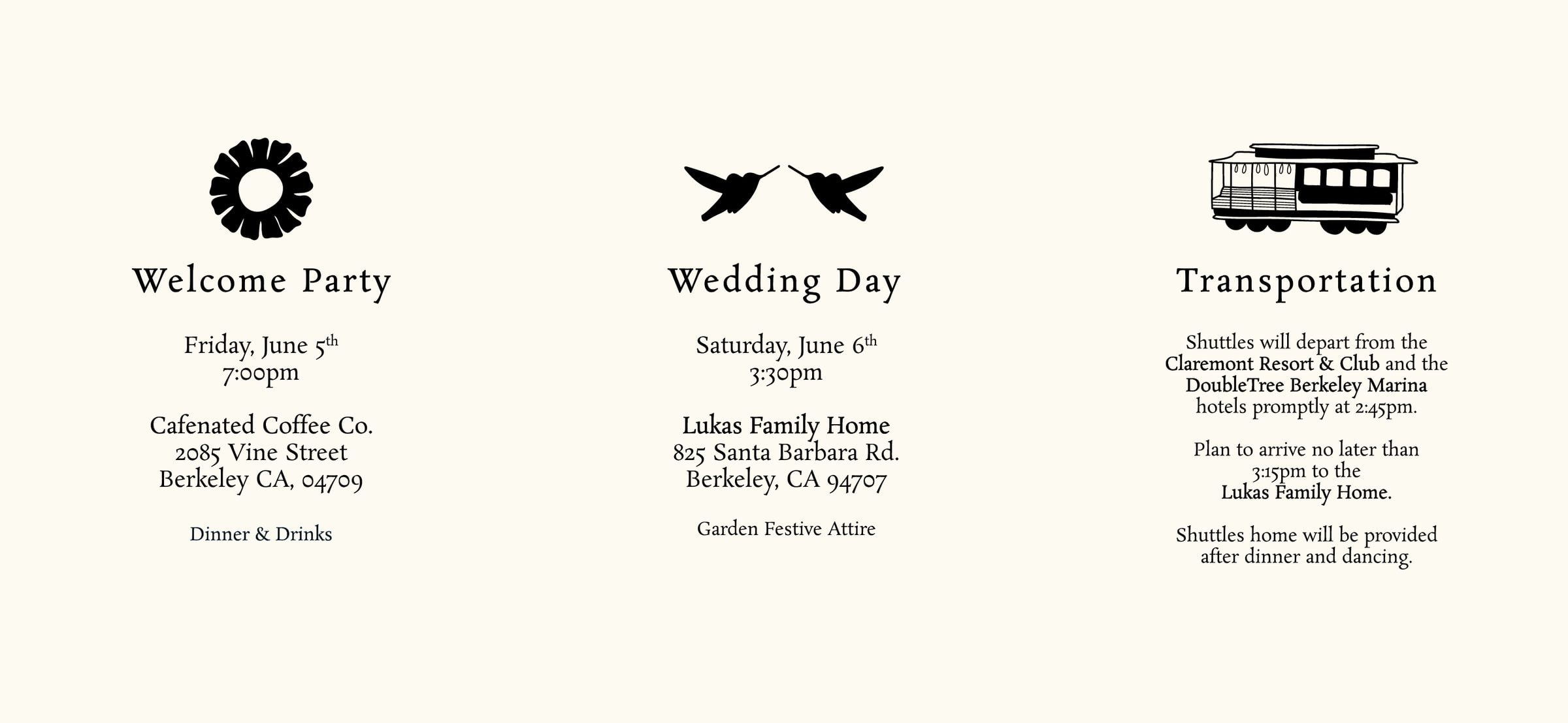 Welcome Party, Wedding Day, and Transportation cards