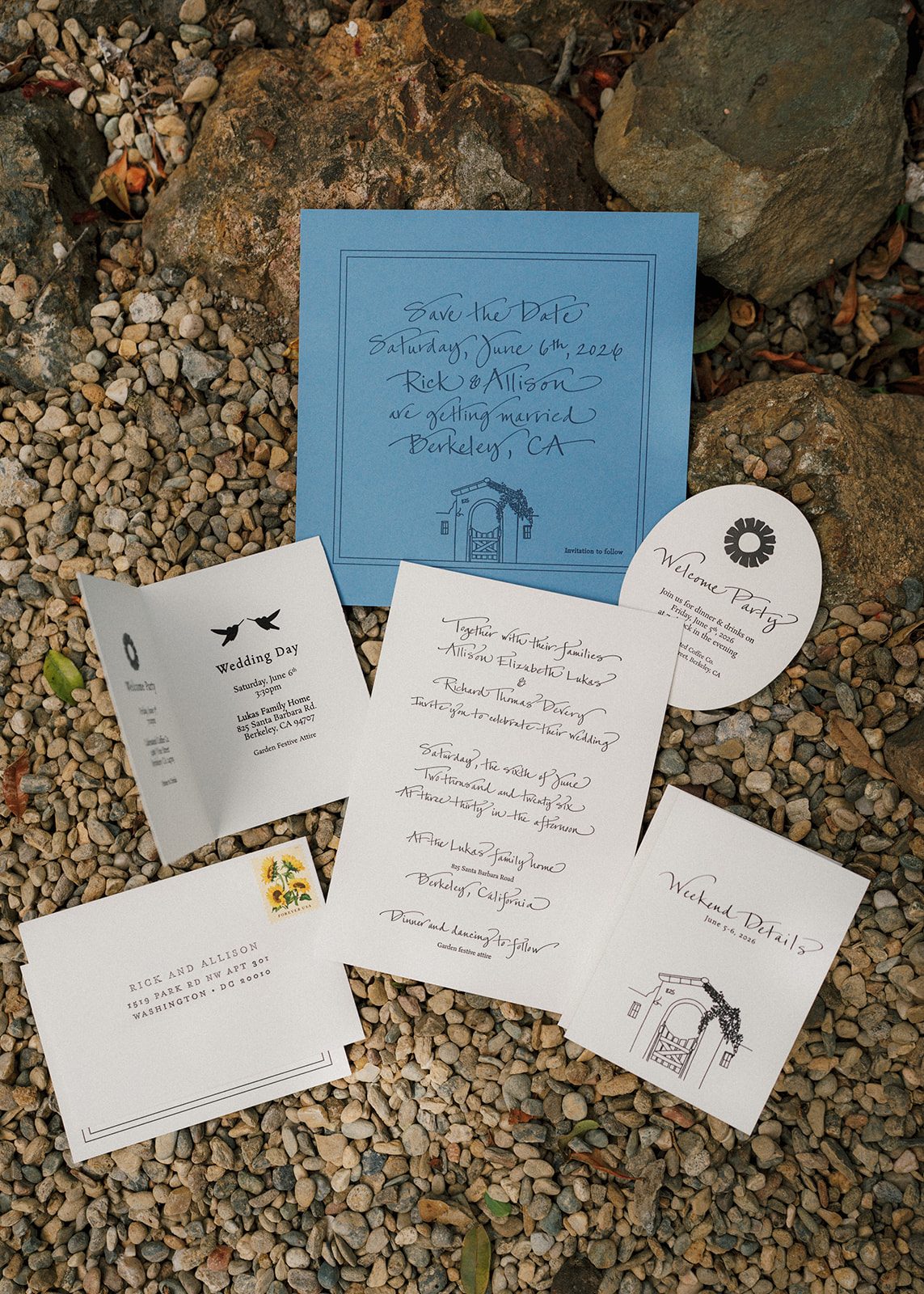Full wedding stationery suite flatlay