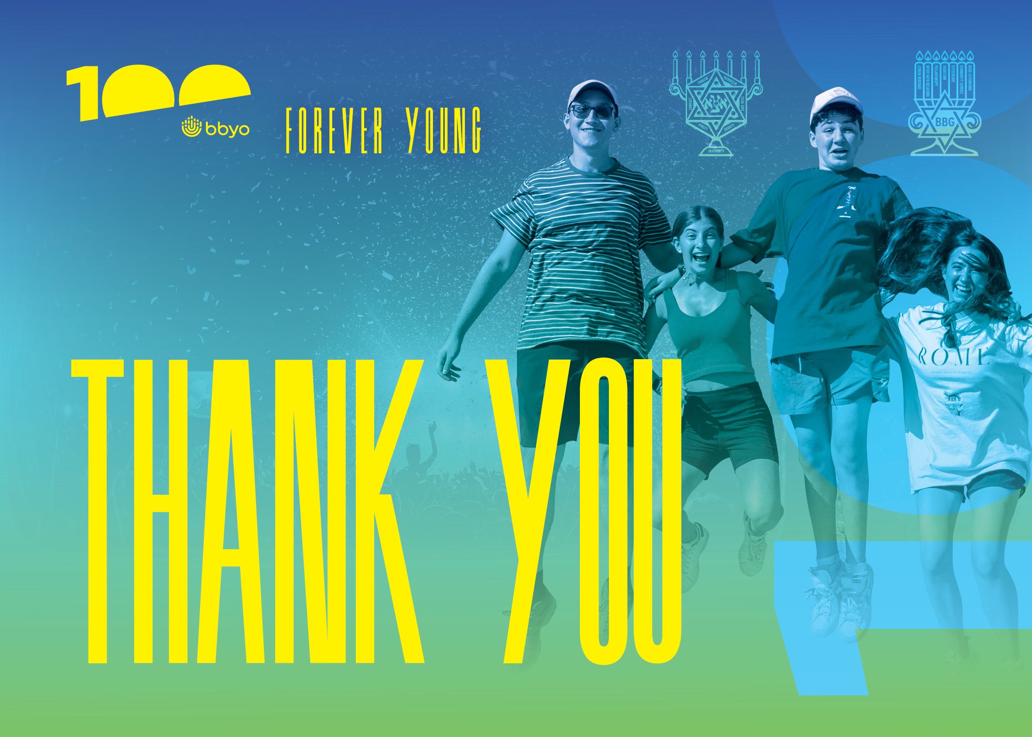 Teens wearing BBYO Centennial "100" merch